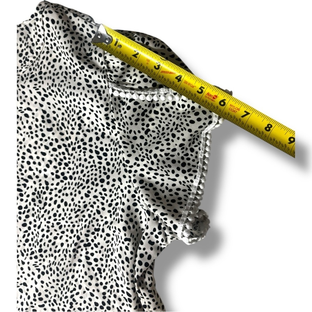 Fashion Women Large Black & White Speckle Print Short Sleeve White Trim Blouse - Picture 12 of 16